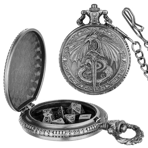 Keller & Weber Mini DND Dice Set with Flying Dragon Pocket Watch Case – 7 Polyhedral Metal Dice & Gift Bag