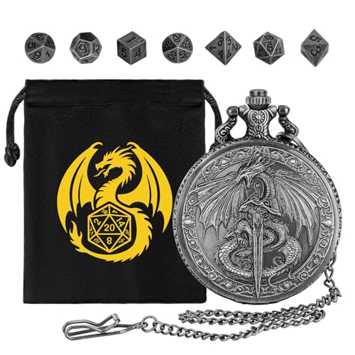 Keller & Weber Mini DND Dice Set with Flying Dragon Pocket Watch Case – 7 Polyhedral Metal Dice & Gift Bag
