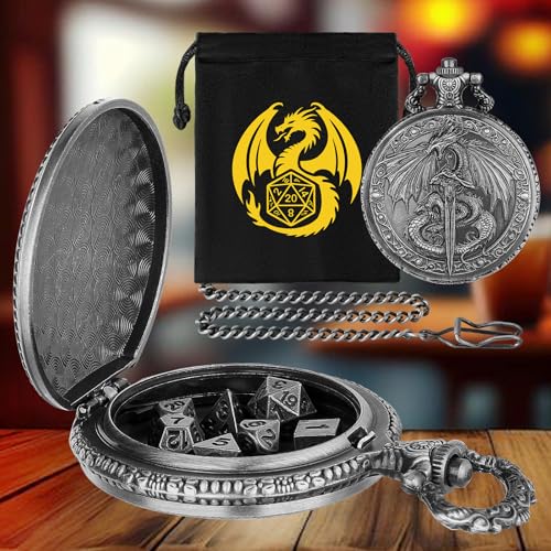 Keller & Weber Mini DND Dice Set with Flying Dragon Pocket Watch Case – 7 Polyhedral Metal Dice & Gift Bag
