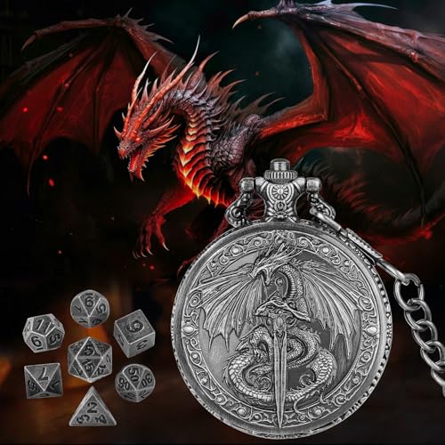 Keller & Weber Mini DND Dice Set with Flying Dragon Pocket Watch Case – 7 Polyhedral Metal Dice & Gift Bag