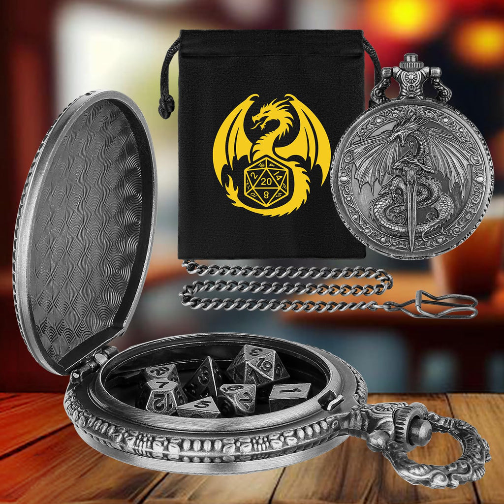 Keller & Weber Mini DND Dice Set with Flying Dragon Pocket Watch Case – 7 Polyhedral Metal Dice & Gift Bag