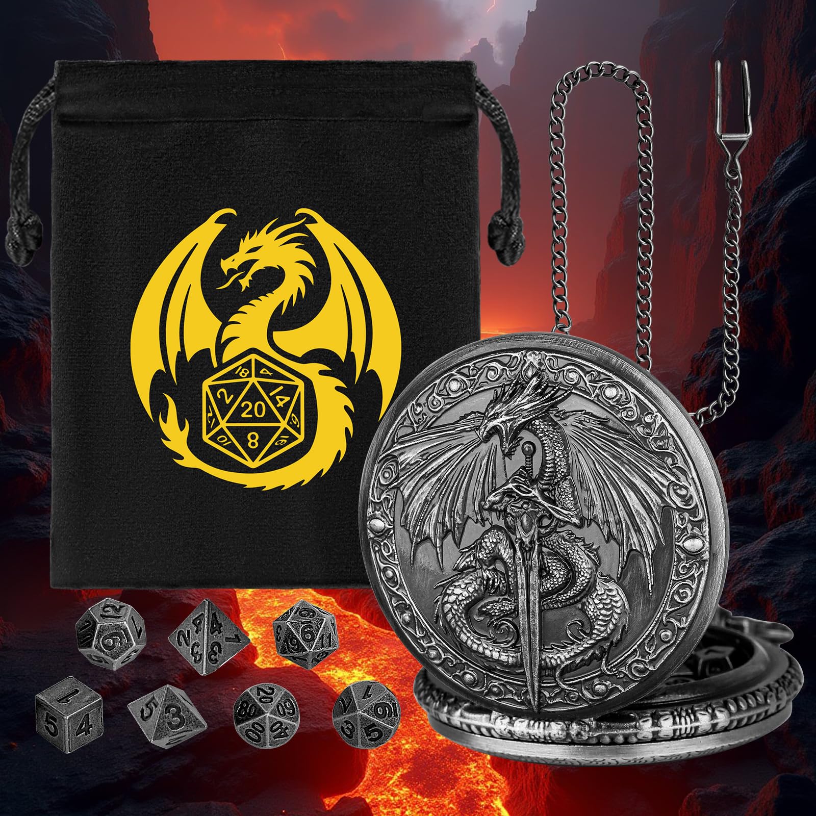 Keller & Weber Mini DND Dice Set with Flying Dragon Pocket Watch Case – 7 Polyhedral Metal Dice & Gift Bag