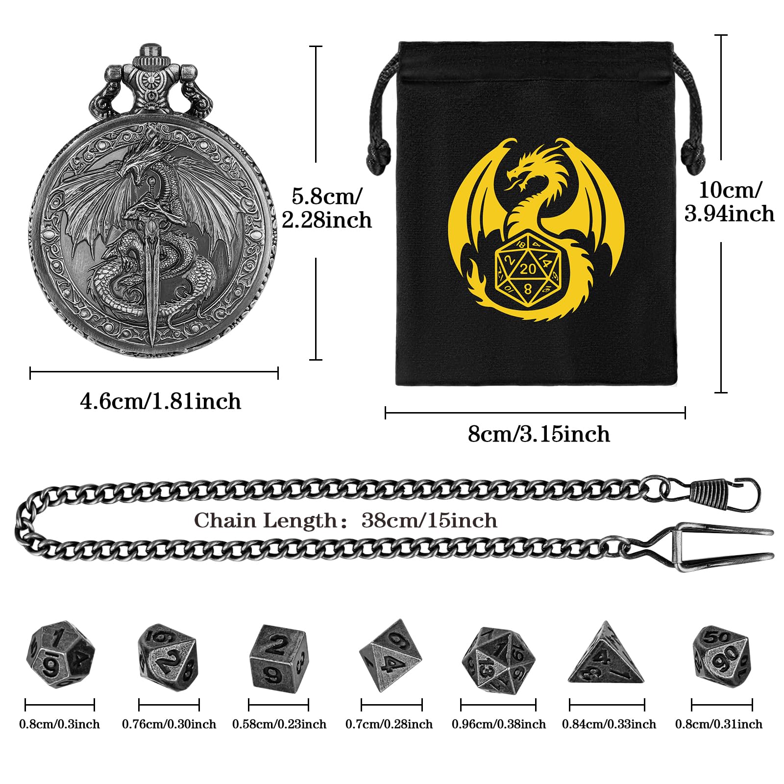 Keller & Weber Mini DND Dice Set with Flying Dragon Pocket Watch Case – 7 Polyhedral Metal Dice & Gift Bag