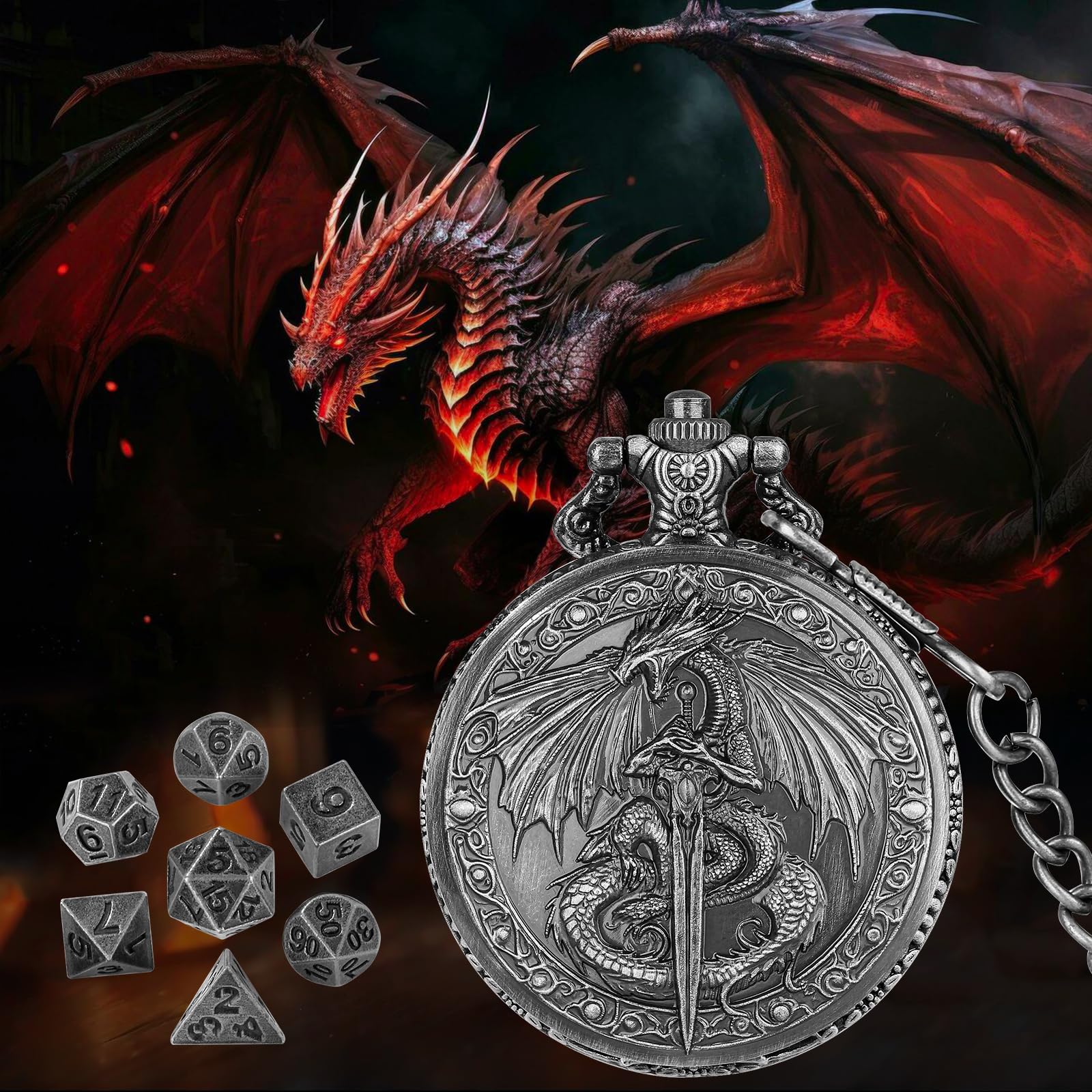 Keller & Weber Mini DND Dice Set with Flying Dragon Pocket Watch Case – 7 Polyhedral Metal Dice & Gift Bag