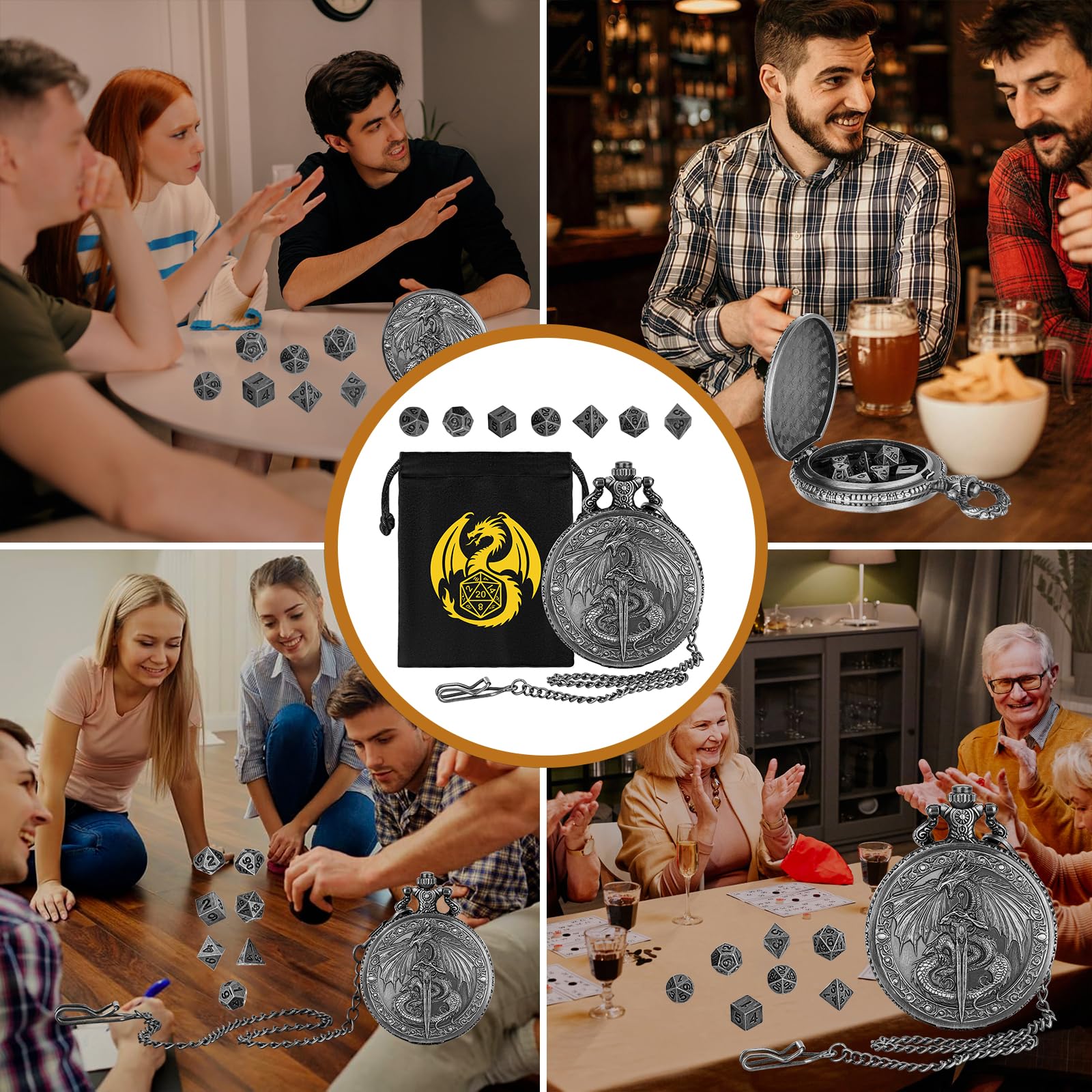 Keller & Weber Mini DND Dice Set with Flying Dragon Pocket Watch Case – 7 Polyhedral Metal Dice & Gift Bag