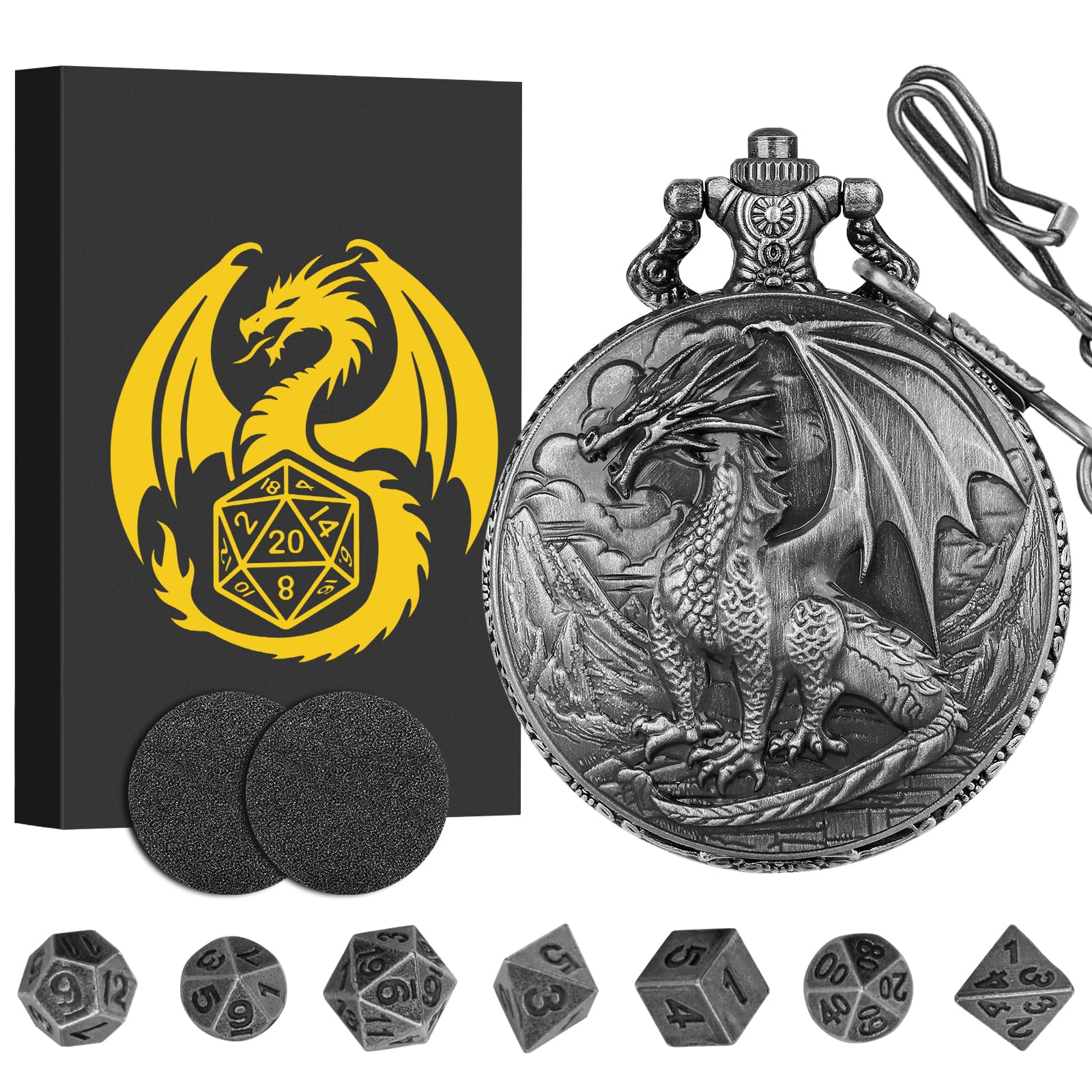 Keller & Weber Mini DND Dice Set with Steampunk Dragon Pocket Watch Case - Dark Silver 7-Piece Polyhedral Metal Dice for Role Playing Games