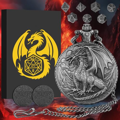 Keller & Weber Mini DND Dice Set with Steampunk Dragon Pocket Watch Case - Dark Silver 7-Piece Polyhedral Metal Dice for Role Playing Games