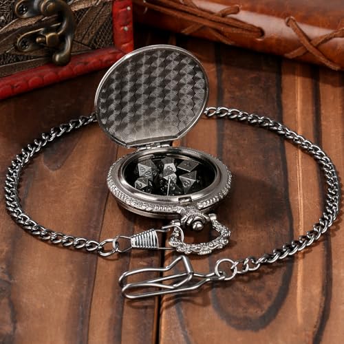 Keller & Weber Mini DND Dice Set with Steampunk Dragon Pocket Watch Case - Dark Silver 7-Piece Polyhedral Metal Dice for Role Playing Games