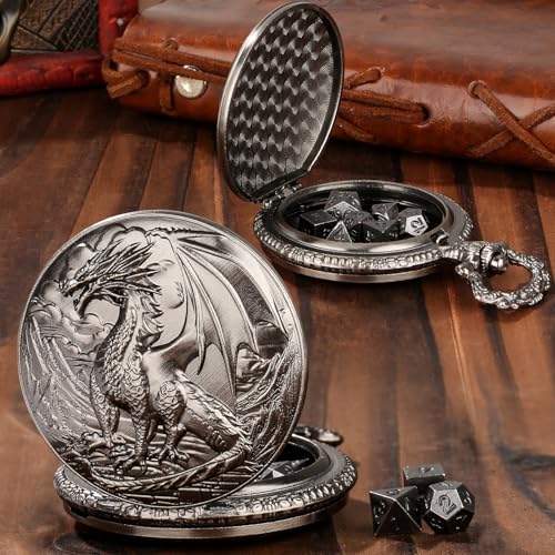 Keller & Weber Mini DND Dice Set with Steampunk Dragon Pocket Watch Case - Dark Silver 7-Piece Polyhedral Metal Dice for Role Playing Games
