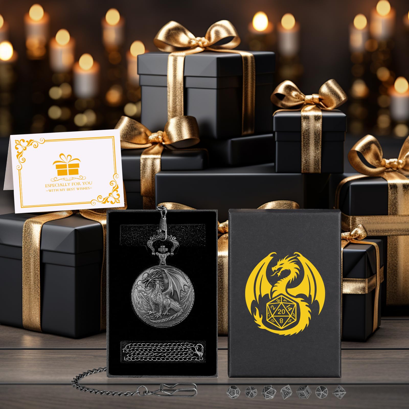 Keller & Weber Mini DND Dice Set with Steampunk Dragon Pocket Watch Case - Dark Silver 7-Piece Polyhedral Metal Dice for Role Playing Games