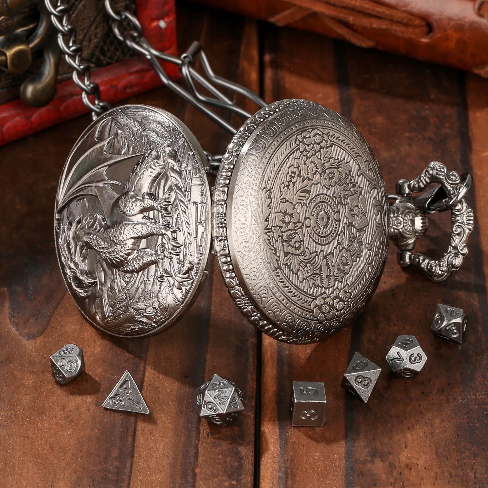Keller & Weber Mini DND Dice Set with Steampunk Dragon Pocket Watch Case - Dark Silver 7-Piece Polyhedral Metal Dice for Role Playing Games