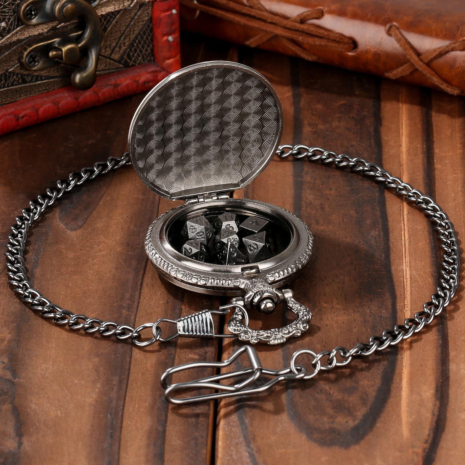 Keller & Weber Mini DND Dice Set with Steampunk Dragon Pocket Watch Case - Dark Silver 7-Piece Polyhedral Metal Dice for Role Playing Games
