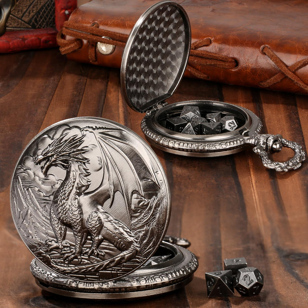 Keller & Weber Mini DND Dice Set with Steampunk Dragon Pocket Watch Case - Dark Silver 7-Piece Polyhedral Metal Dice for Role Playing Games