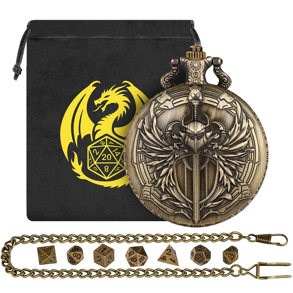 Keller & Weber Mini DND Dice Set with Steampunk Paladin Pocket Watch Case - 7 Polyhedral Metal Dice in Bronze, with Gift Bag