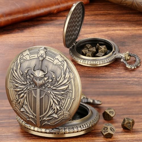 Keller & Weber Mini DND Dice Set with Steampunk Paladin Pocket Watch Case - 7 Polyhedral Metal Dice in Bronze, with Gift Bag