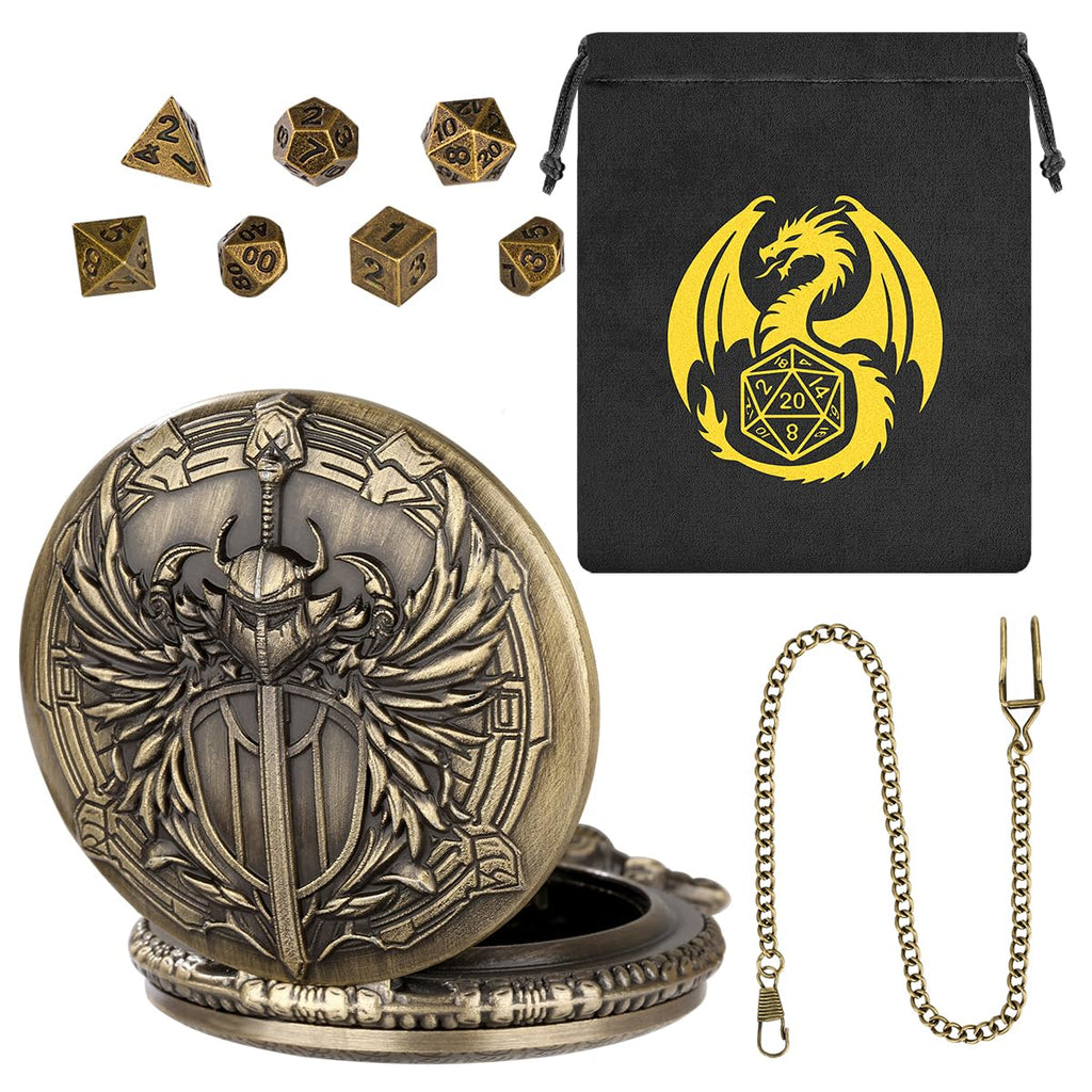 Keller & Weber Mini DND Dice Set with Steampunk Paladin Pocket Watch Case - 7 Polyhedral Metal Dice in Bronze, with Gift Bag