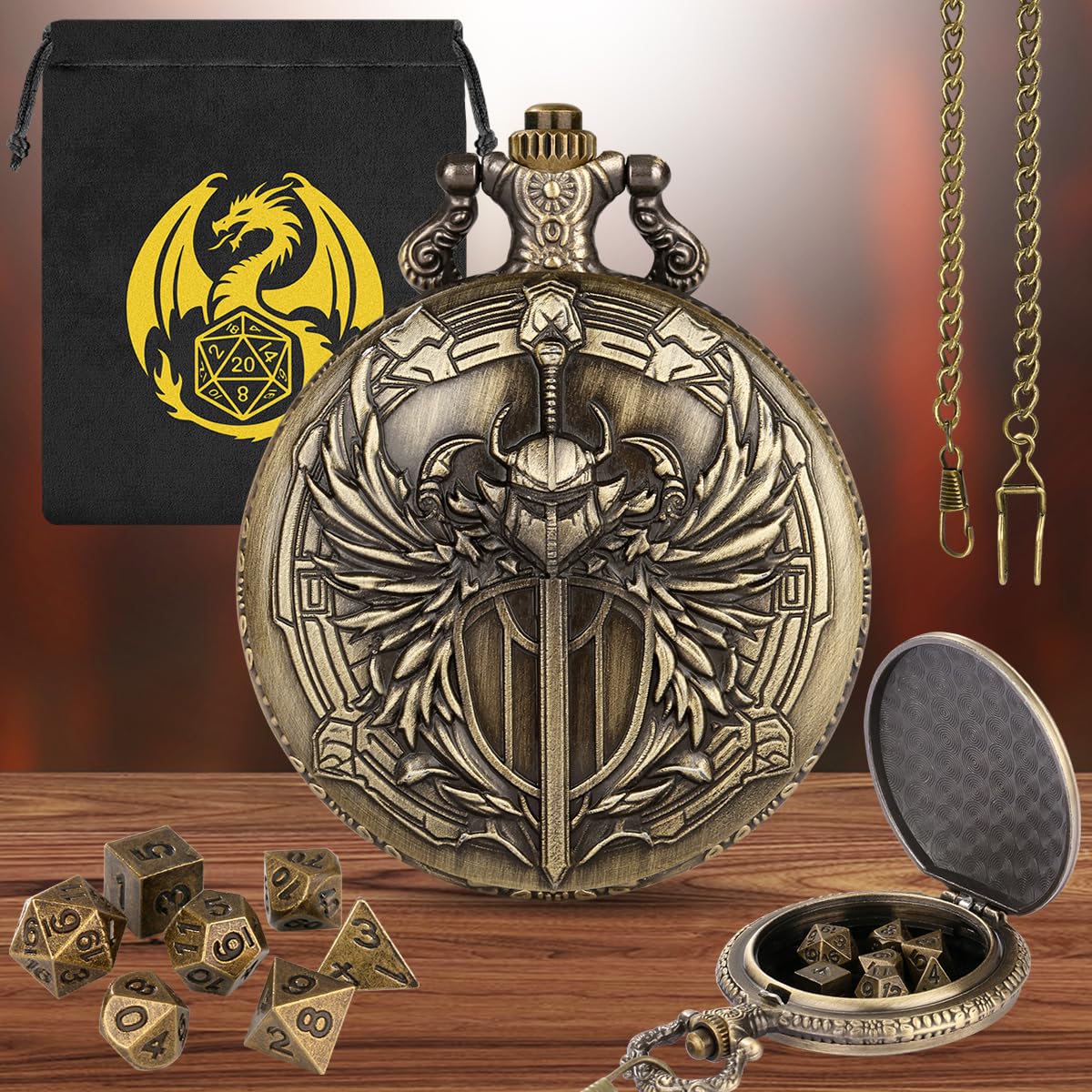 Keller & Weber Mini DND Dice Set with Steampunk Paladin Pocket Watch Case - 7 Polyhedral Metal Dice in Bronze, with Gift Bag