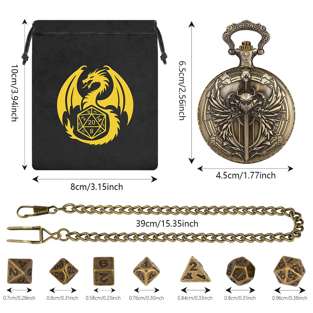 Keller & Weber Mini DND Dice Set with Steampunk Paladin Pocket Watch Case - 7 Polyhedral Metal Dice in Bronze, with Gift Bag