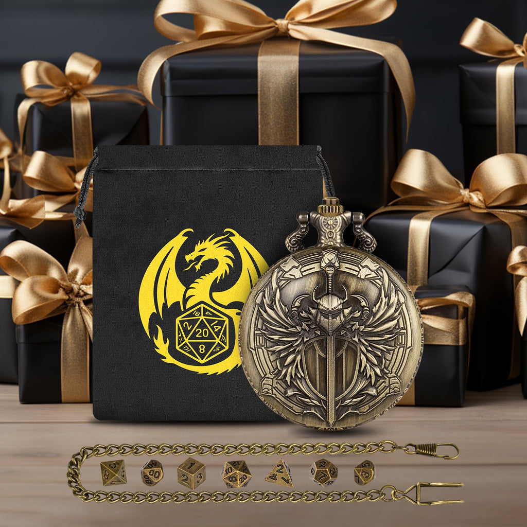 Keller & Weber Mini DND Dice Set with Steampunk Paladin Pocket Watch Case - 7 Polyhedral Metal Dice in Bronze, with Gift Bag