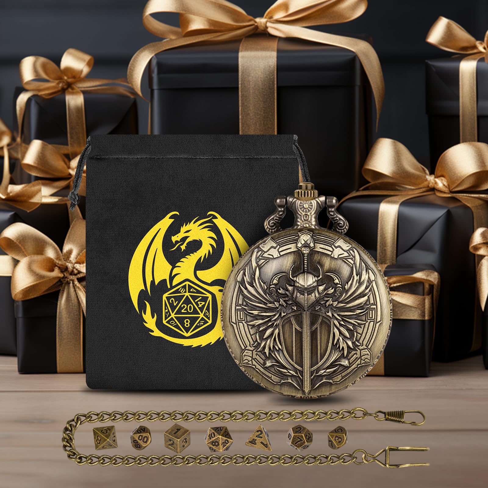 Keller & Weber Mini DND Dice Set with Steampunk Paladin Pocket Watch Case - 7 Polyhedral Metal Dice in Bronze, with Gift Bag