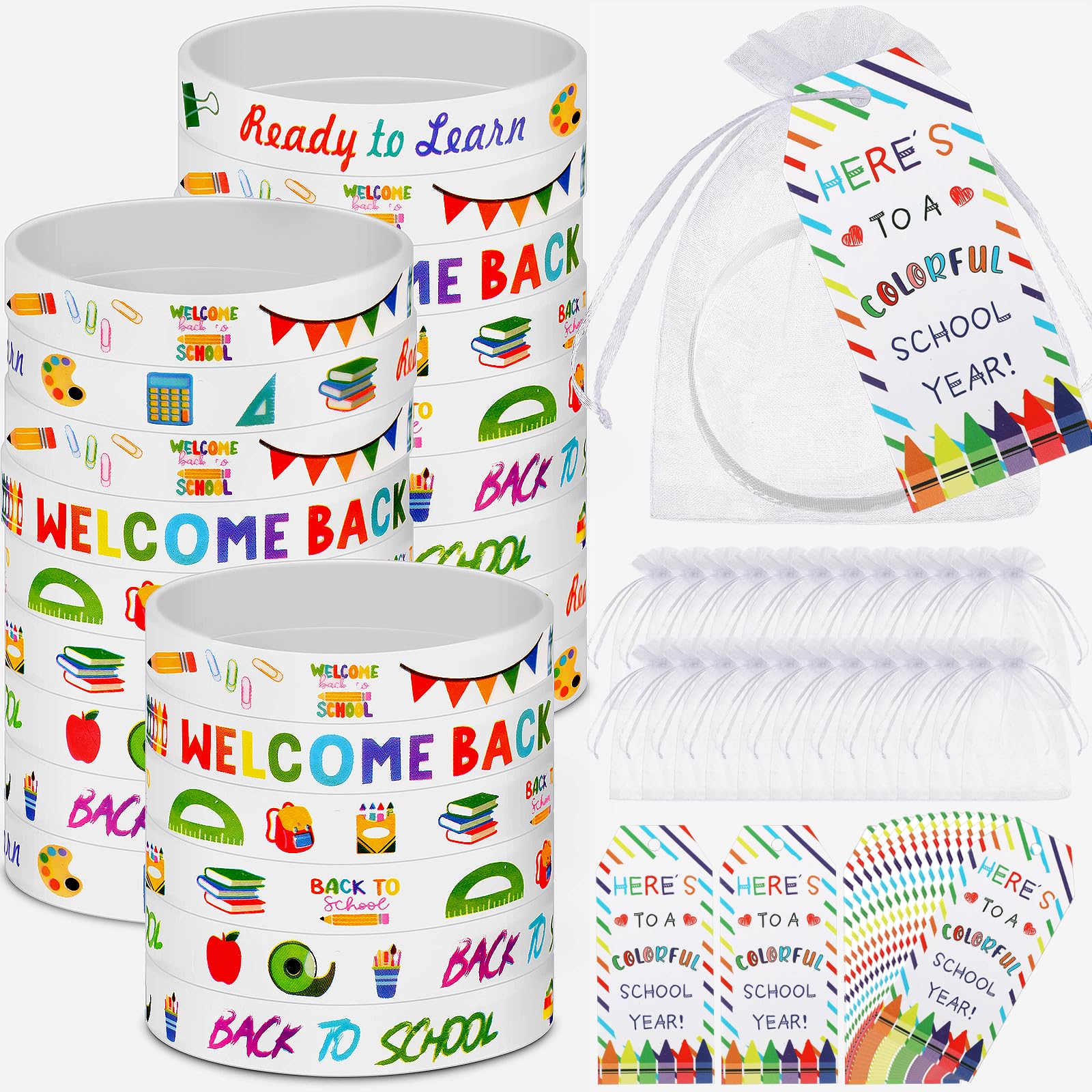 Kenning 72-Piece Welcome Back to School Rubber Bracelet Gift Set with Organza Bags and Tags (White)
