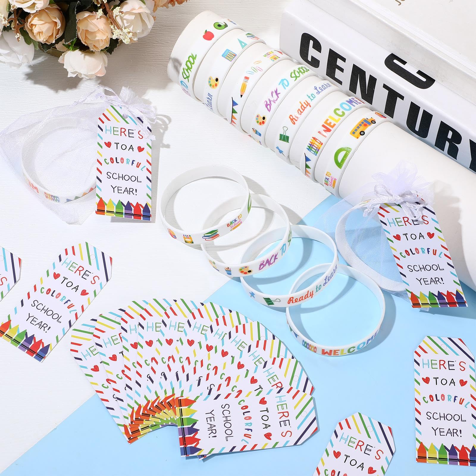 Kenning 72-Piece Welcome Back to School Rubber Bracelet Gift Set with Organza Bags and Tags (White)