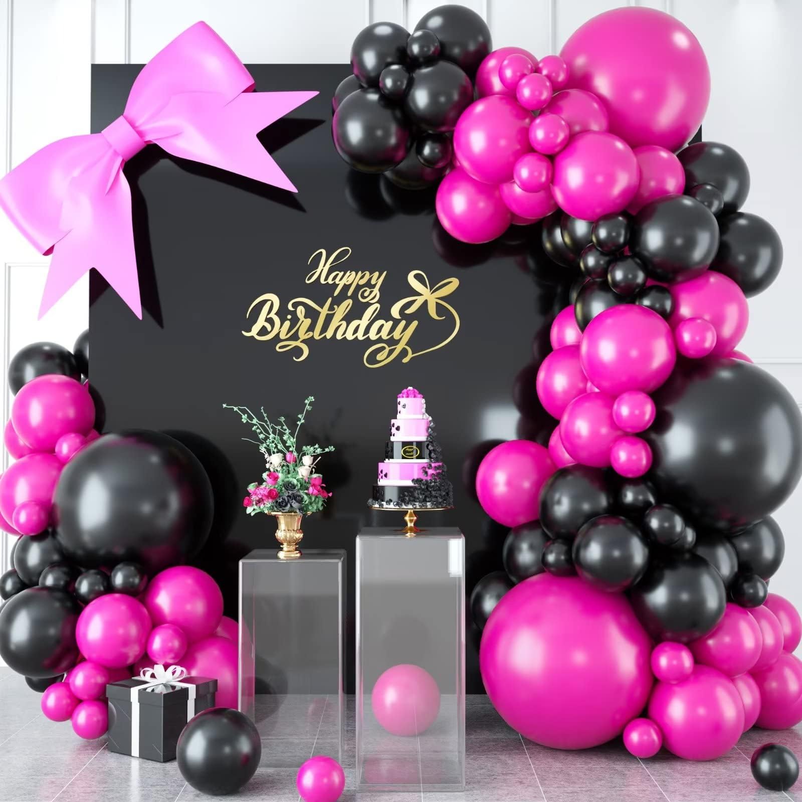 KEPMOV 100 Pcs Hot Pink & Black Balloon Arch Kit – 18/12/10/5 Inch Latex Balloons for Party Decorations