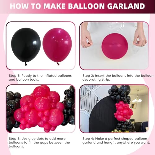 KEPMOV 100 Pcs Hot Pink & Black Balloon Arch Kit – 18/12/10/5 Inch Latex Balloons for Party Decorations