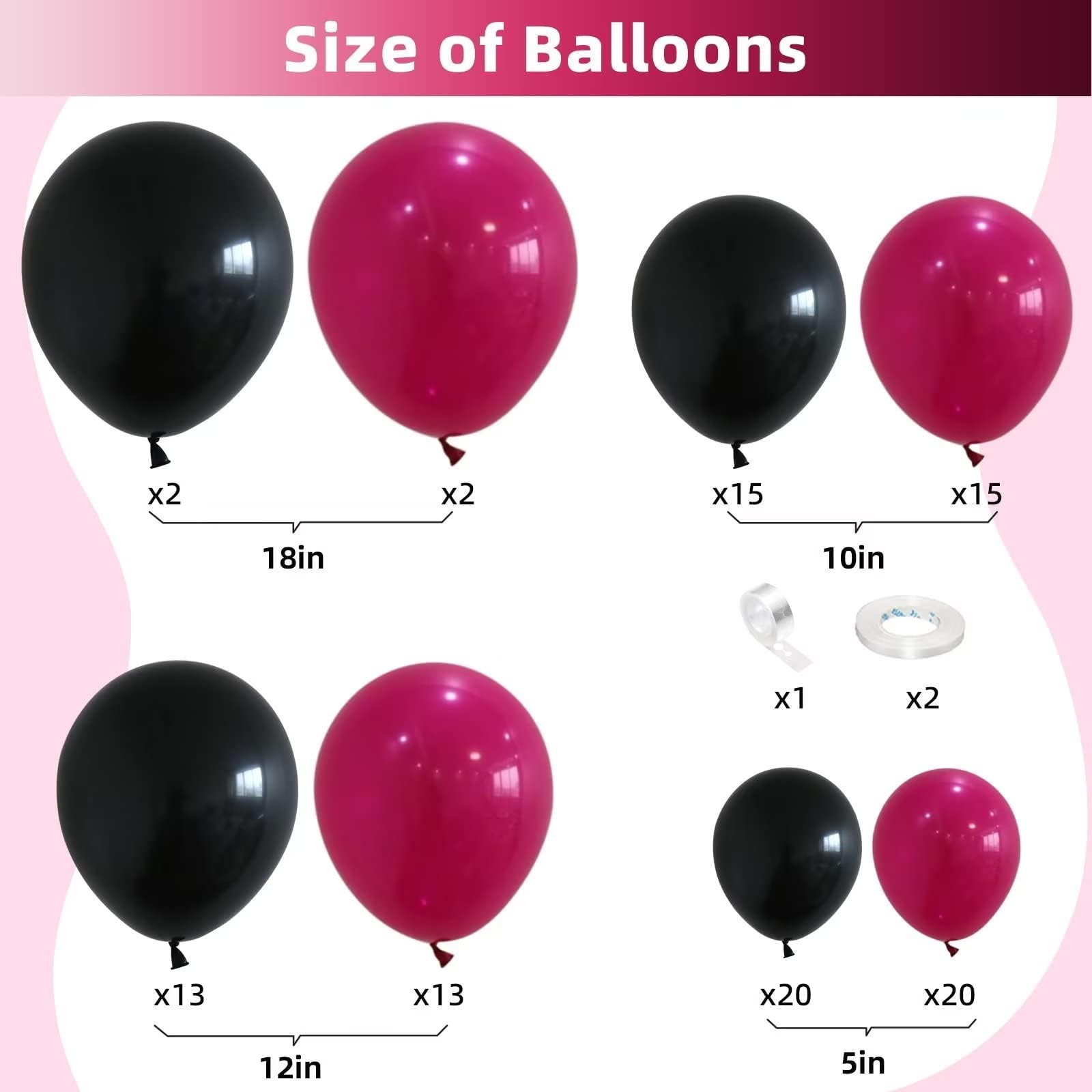 KEPMOV 100 Pcs Hot Pink & Black Balloon Arch Kit – 18/12/10/5 Inch Latex Balloons for Party Decorations