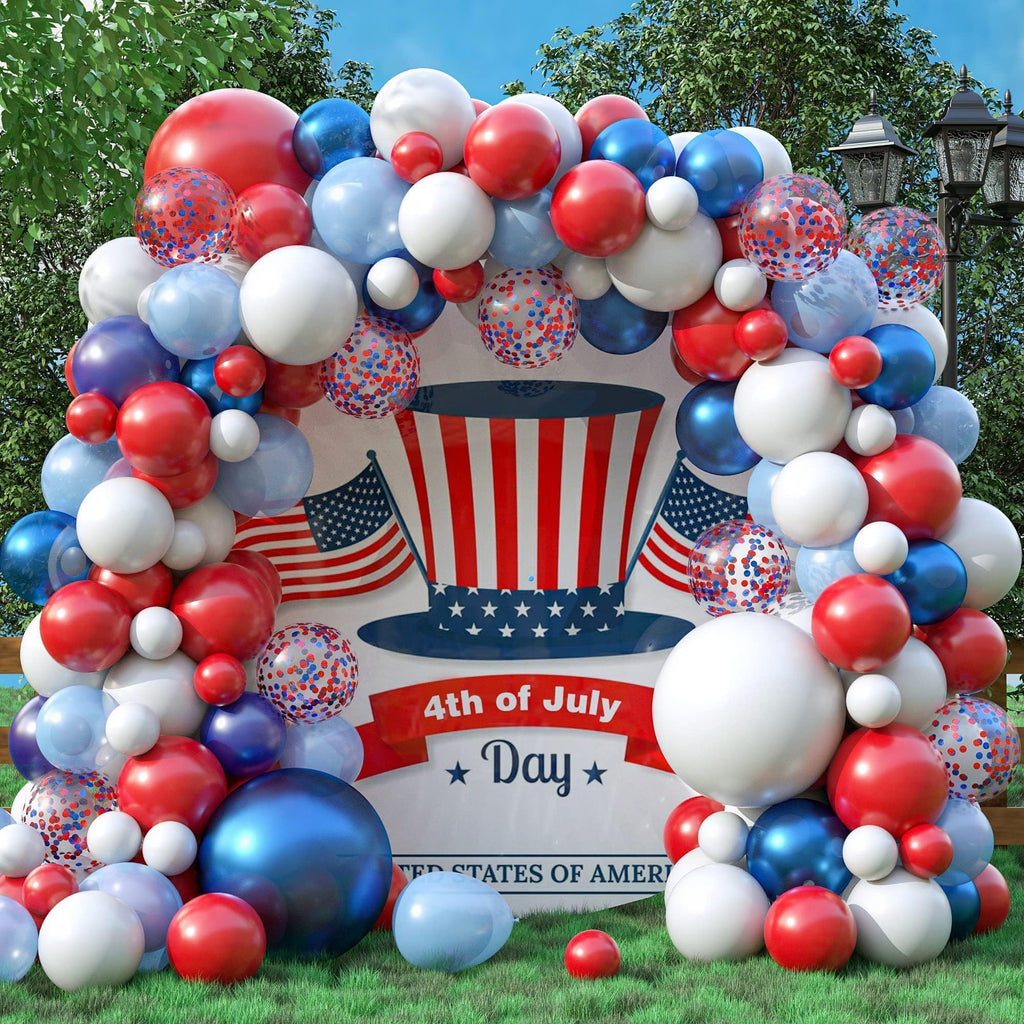 KEPMOV 130-Piece Red White and Blue Balloon Arch Kit – Pearl Royal Blue, Light Blue, Red & White Confetti Balloons for Patriotic Celebrations