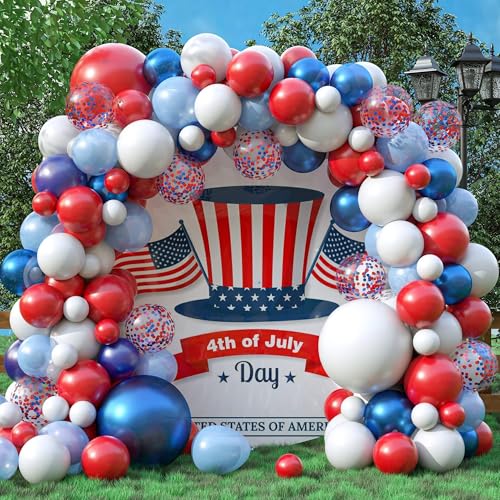 KEPMOV 130-Piece Red White and Blue Balloon Arch Kit – Pearl Royal Blue, Light Blue, Red & White Confetti Balloons for Patriotic Celebrations