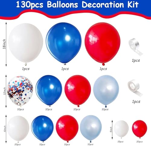 KEPMOV 130-Piece Red White and Blue Balloon Arch Kit – Pearl Royal Blue, Light Blue, Red & White Confetti Balloons for Patriotic Celebrations