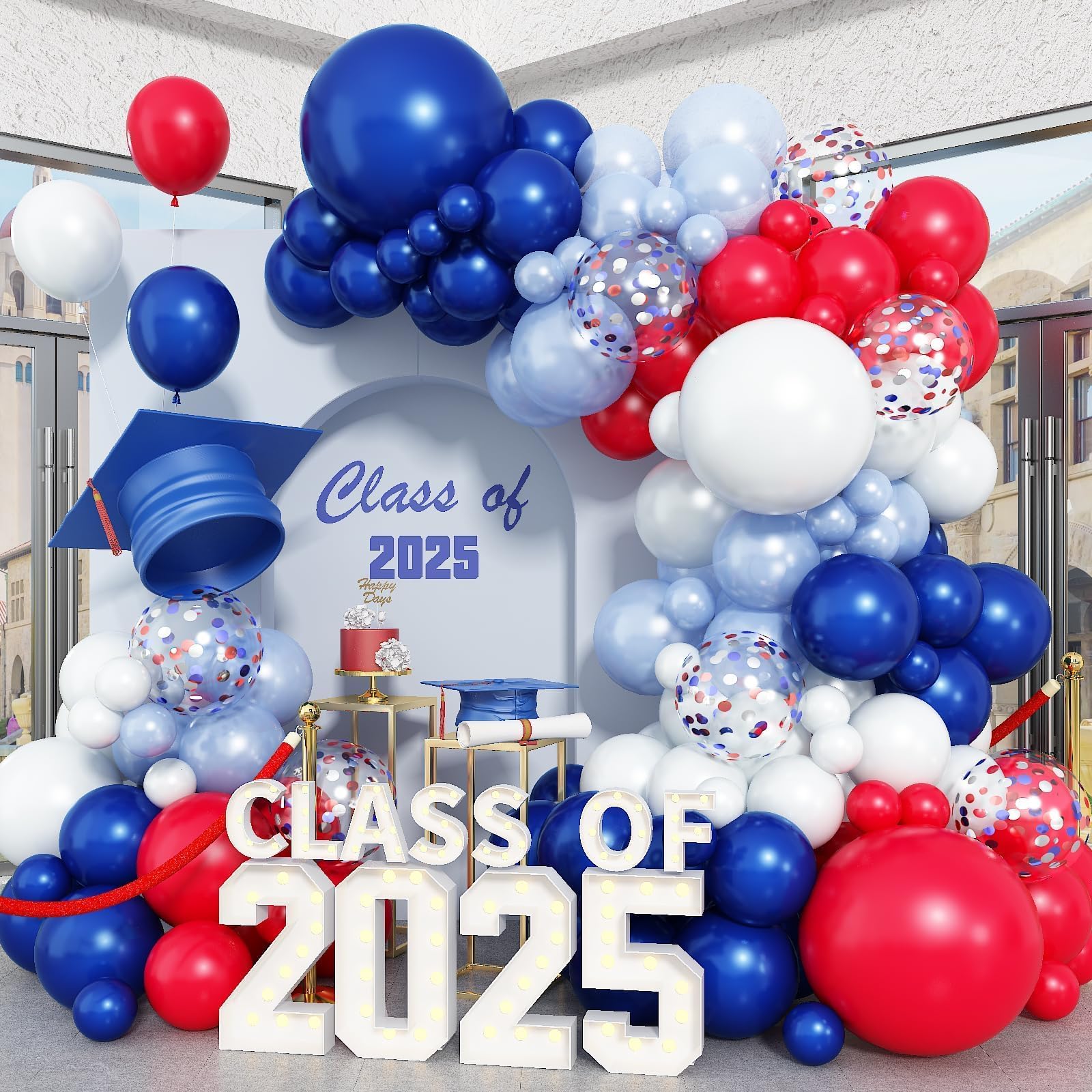 KEPMOV 130-Piece Red White and Blue Balloon Arch Kit – Pearl Royal Blue, Light Blue, Red & White Confetti Balloons for Patriotic Celebrations