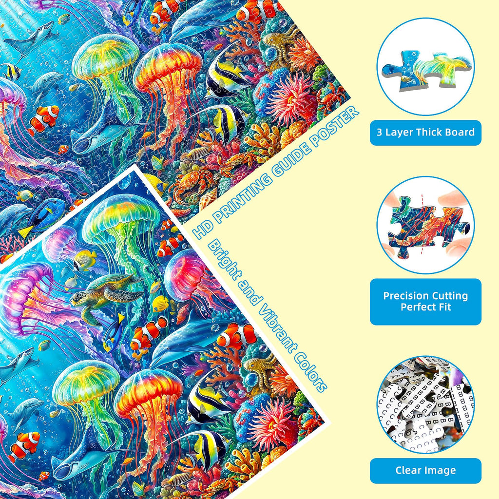 Kepovin 1000-Piece Jellyfish Puzzle for Adults – Colorful Ocean Life Jigsaw with Letter Guide