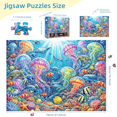 Kepovin 1000-Piece Jellyfish Puzzle for Adults – Colorful Ocean Life Jigsaw with Letter Guide