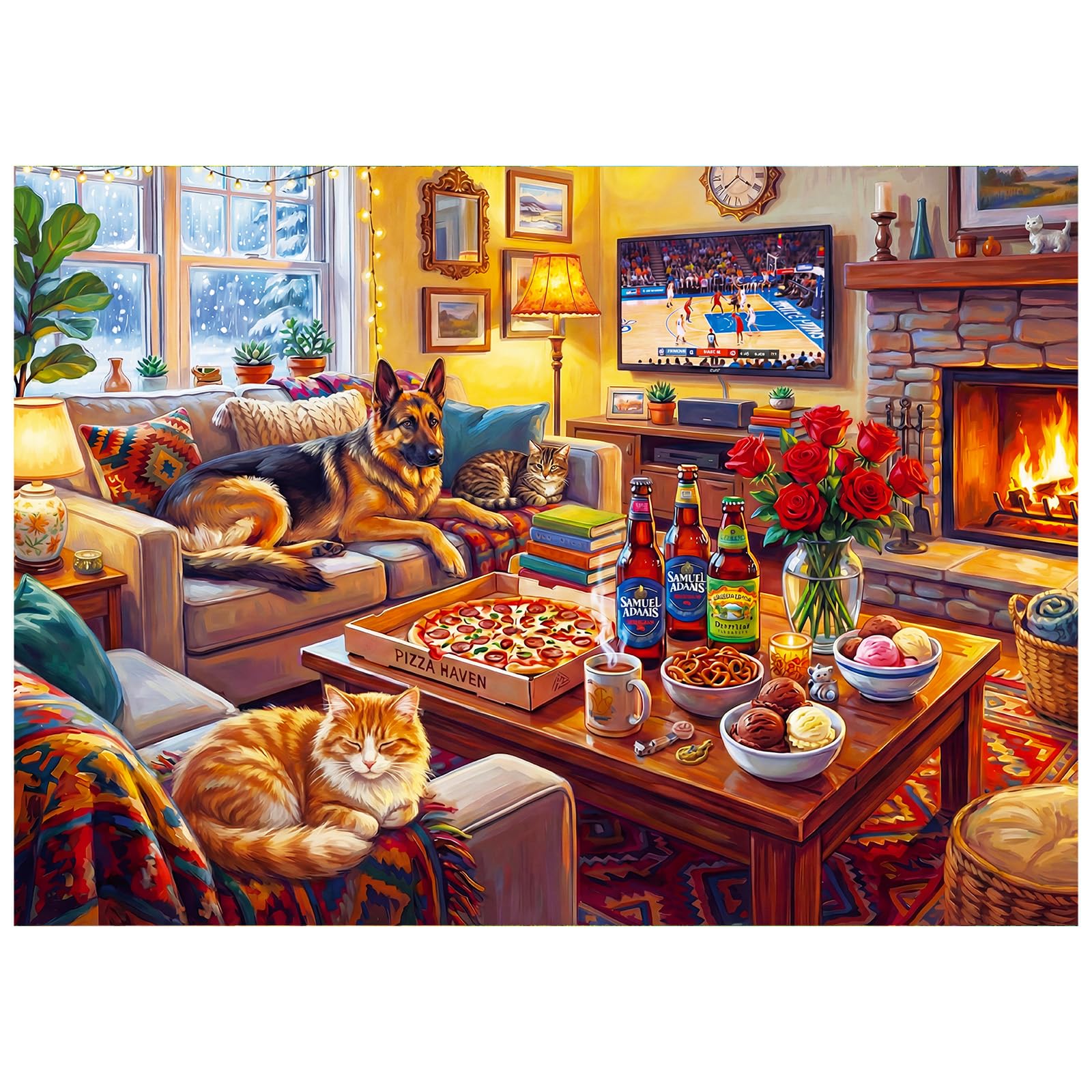 kepovin 1000 Piece Jigsaw Puzzle for Adults – Cozy Winter Living Room Scene, No Glare Ink, Letter Guide on Back