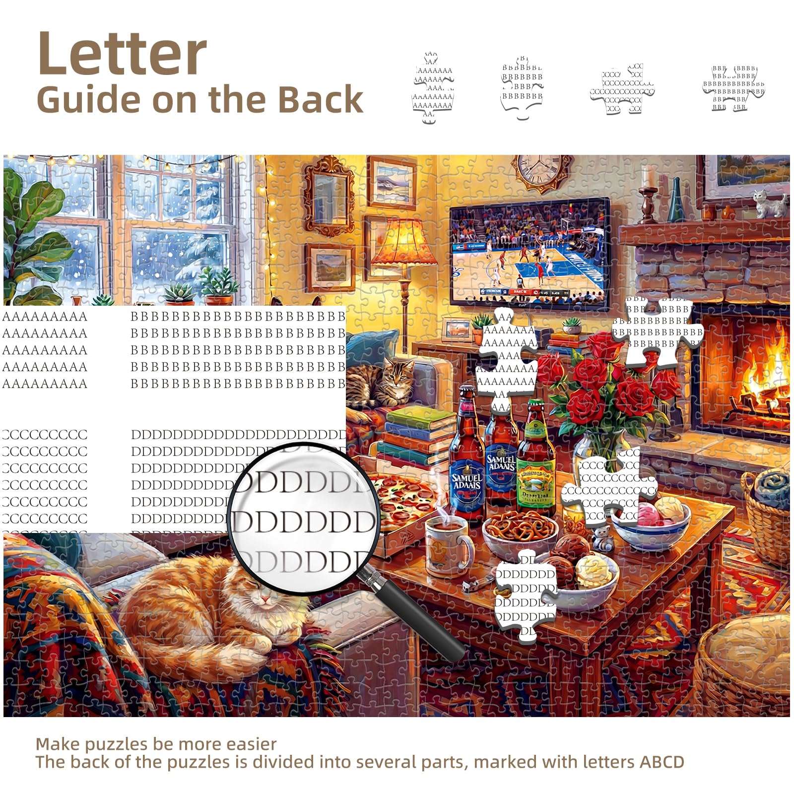 kepovin 1000 Piece Jigsaw Puzzle for Adults – Cozy Winter Living Room Scene, No Glare Ink, Letter Guide on Back
