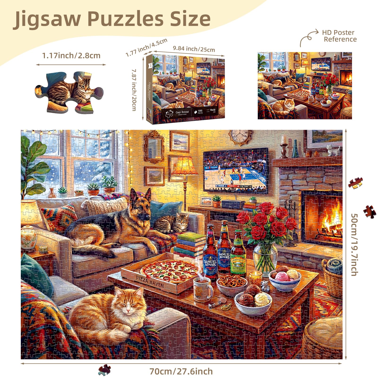 kepovin 1000 Piece Jigsaw Puzzle for Adults – Cozy Winter Living Room Scene, No Glare Ink, Letter Guide on Back