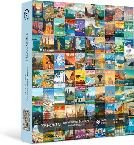 kepovin 1000 Piece Vintage World Travel Jigsaw Puzzle – 90 Landmarks with Poster