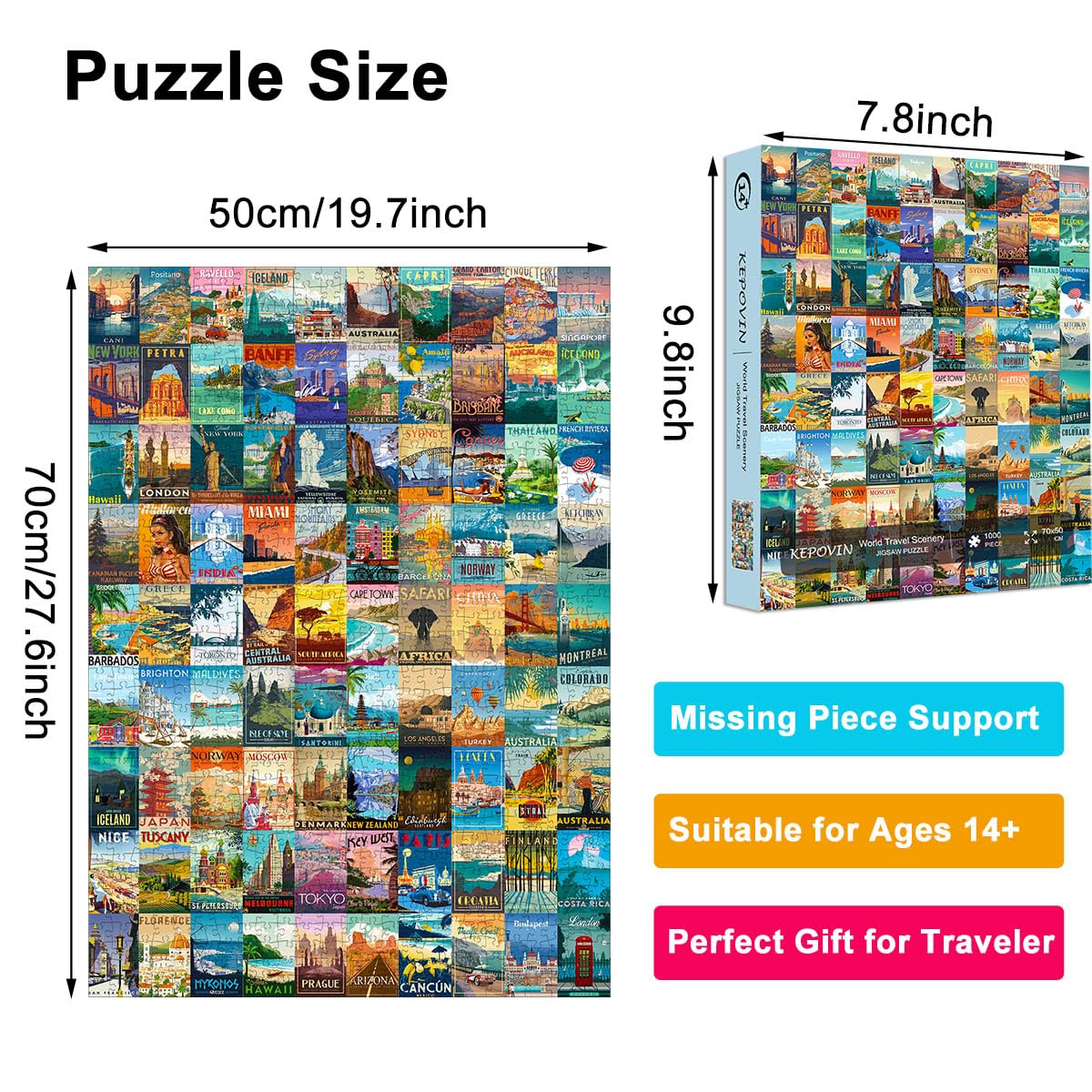 kepovin 1000 Piece Vintage World Travel Jigsaw Puzzle – 90 Landmarks with Poster