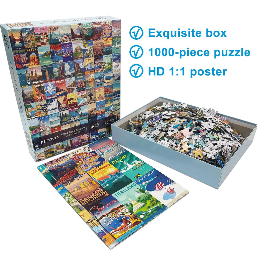 kepovin 1000 Piece Vintage World Travel Jigsaw Puzzle – 90 Landmarks with Poster