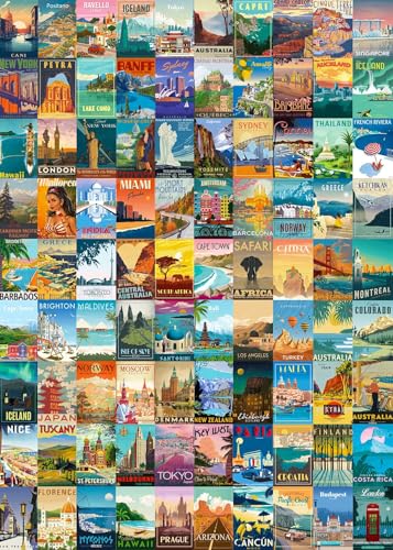 kepovin 1000 Piece Vintage World Travel Jigsaw Puzzle – 90 Landmarks with Poster
