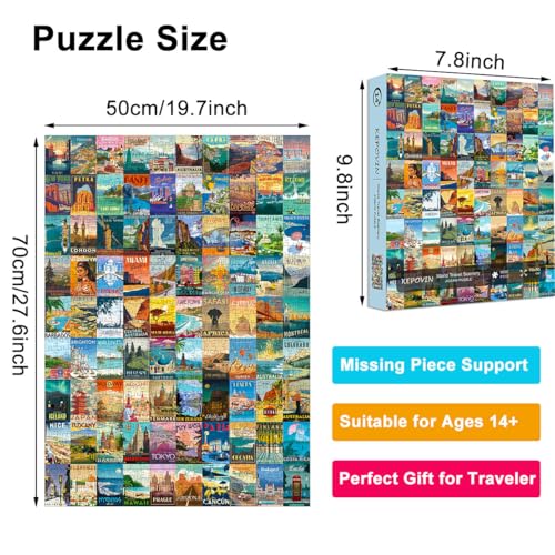 kepovin 1000 Piece Vintage World Travel Jigsaw Puzzle – 90 Landmarks with Poster
