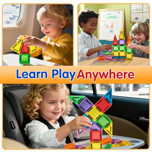 Kerhitoy 48-Piece Mini Magnetic Tiles Travel Set with Metal Box – STEM Building Blocks for Kids Ages 3-8