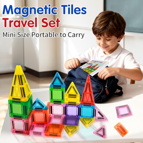 Kerhitoy 48-Piece Mini Magnetic Tiles Travel Set with Metal Box – STEM Building Blocks for Kids Ages 3-8