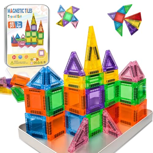 Kerhitoy 48-Piece Mini Magnetic Tiles Travel Set with Metal Box – STEM Building Blocks for Kids Ages 3-8