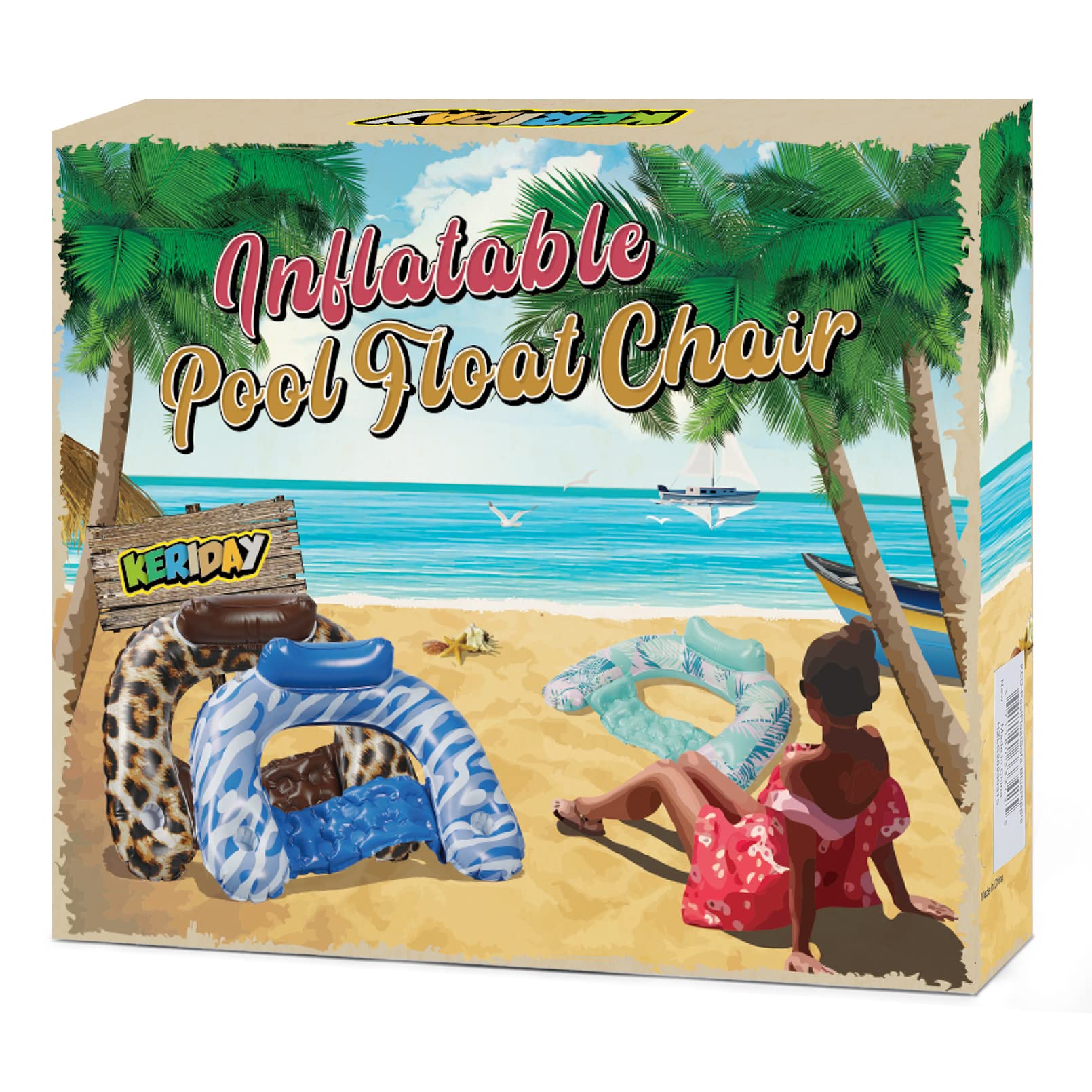 Keriday Extra Large Inflatable Pool Float Chair with Cup Holder - Palma, 34x30 Inches