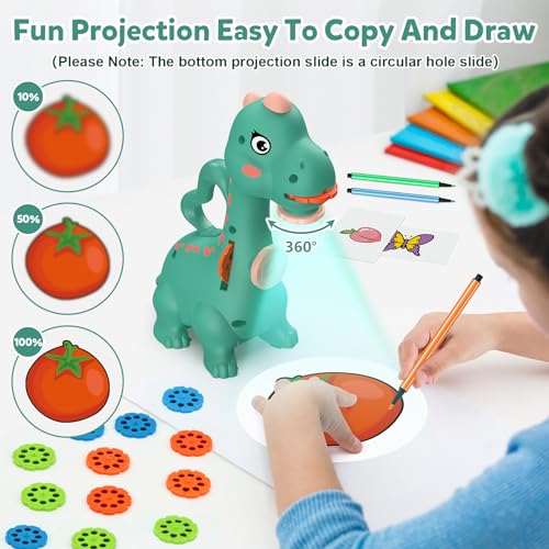 KETIEE Dinosaur Drawing Projector for Kids Ages 5-7 - Two Projection Heads, 96 Stencils, Includes Washable Canvas and Pens (Green)