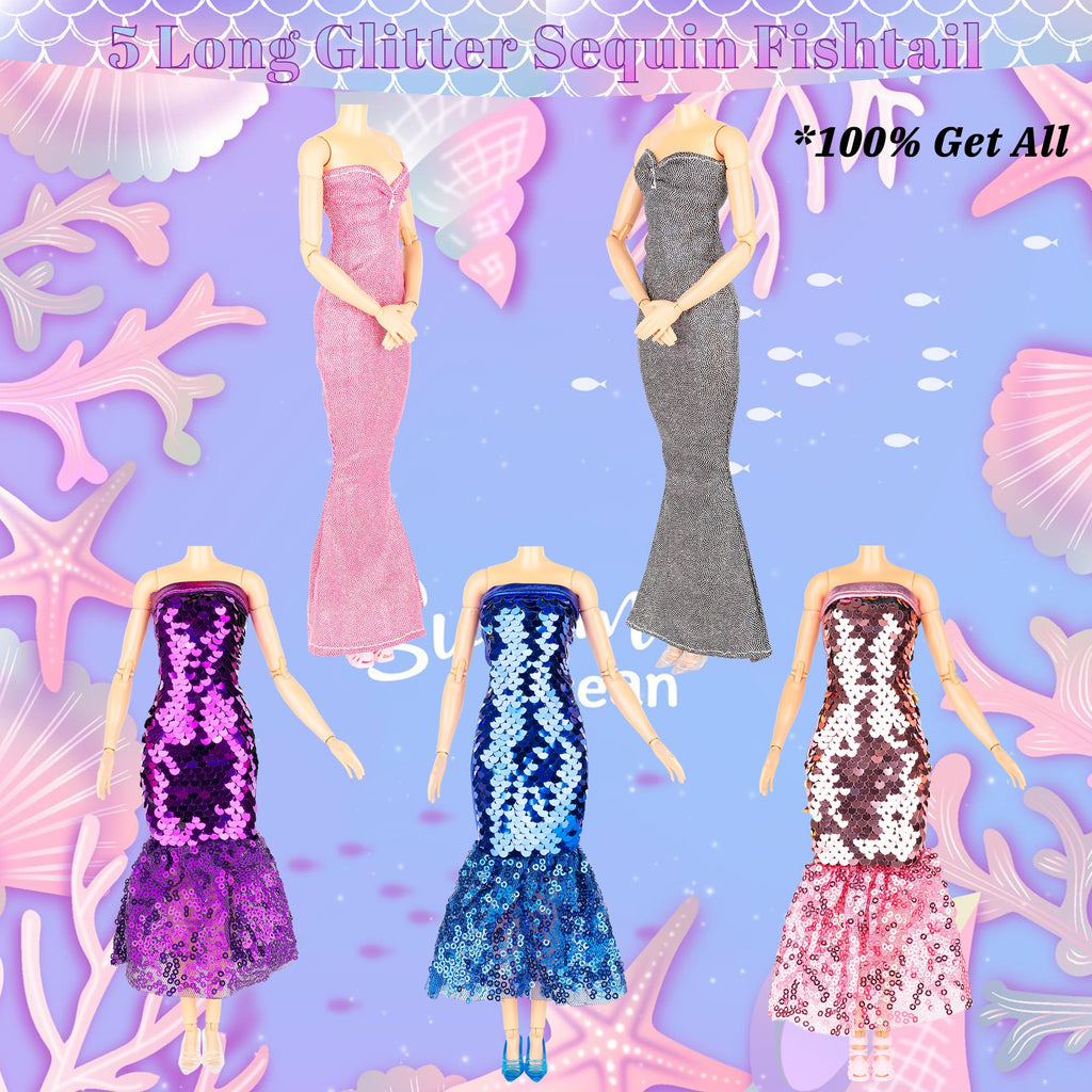 Keysse 29-Piece Glitter Sequin Mermaid Doll Clothes Set – 12 Dresses, 10 Shoes & 7 Accessories for 11.5 Inch Fashion Dolls