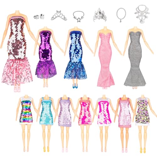 Keysse 29-Piece Glitter Sequin Mermaid Doll Clothes Set – 12 Dresses, 10 Shoes & 7 Accessories for 11.5 Inch Fashion Dolls